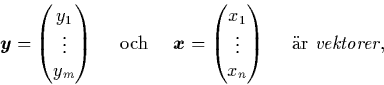\begin{displaymath}
\boldsymbol{y}=\begin{pmatrix}
 y_{1} \  \vdots \  y_{m}
 ...
 ...  x_{n}
 \end{pmatrix}\quad \text{ \uml {a}r \emph{vektorer}, }\end{displaymath}